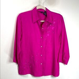 (T6) Laura Scott Women's Pink Embroidered 3/4 Sleeve Linen Blouse, Size 4P